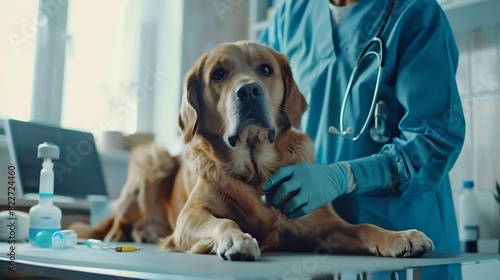 Veterinarians doctors in blue uniforms conduct a routine examination of a dog on a table in a modern office of a veterinary clinic Treatment and vaccination of pets : Generative AI