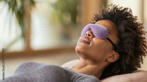 A woman reclines on a soft mat using a soothing lavender eye pillow to enhance relaxation as she completes her gentle yoga routine. photo