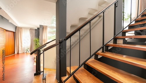 a black modern handrail, featuring flat profiles and a wooden oak handrail, adorning a contemporary staircase in a room with the entire stairs visible, showcasing modern design at its finest