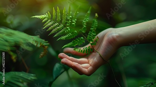 A womans hand and a fern leaf Man and nature : Generative AI photo