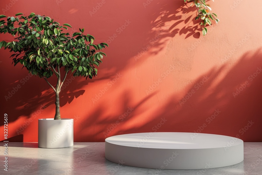 White platform with decorative plants against a wall White platform with decorative plants against a wall