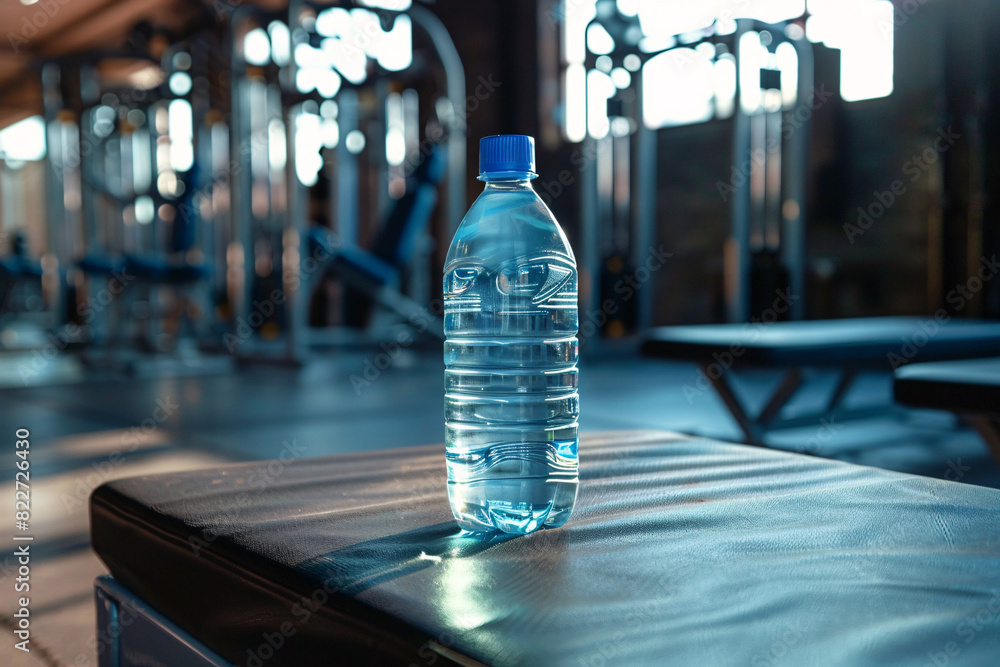 Plain water bottle on a gym bench with fitness equipment Plain water bottle on a gym bench with fitness equipment