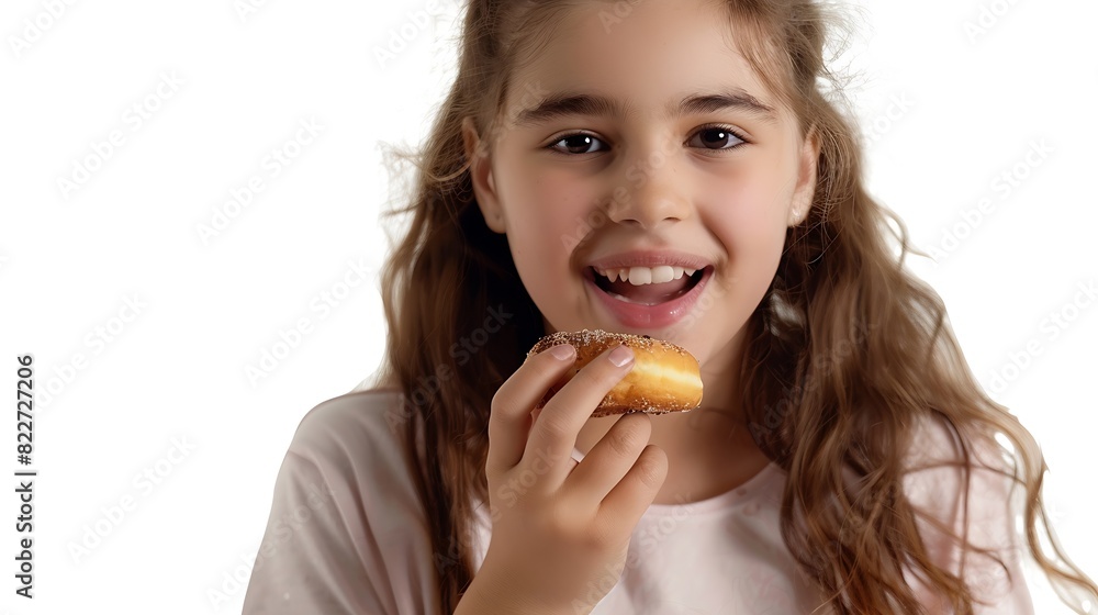 Close up portrait of a satisfied pretty girl eating donuts isolated over white background : Generative AI