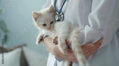 Cat and dog in Vet doctor hands Doctor veterinarian keeps kitten in pocket and puppy in hand in white coat with stethoscope Baby pets in clinic medicine concept Long web banner : Generative AI