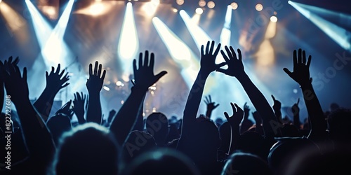 oncert music live crowd raised hands gig audience act worshipful backlight band celebration 