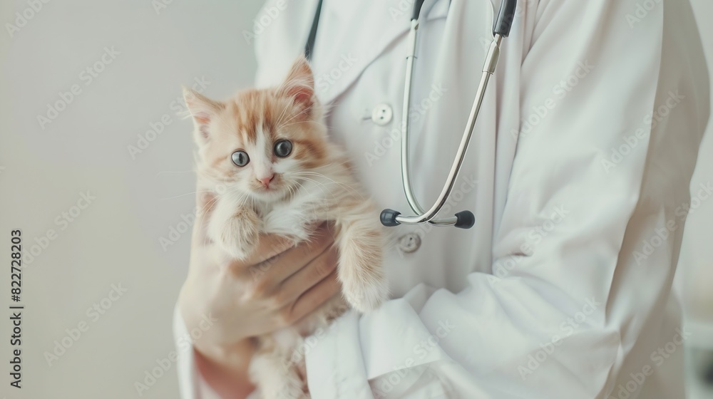 Cat and dog in Vet doctor hands Doctor veterinarian keeps kitten in pocket and puppy in hand in white coat with stethoscope Baby pets in clinic medicine concept Long web banner : Generative AI Cat and dog in Vet doctor hands Doctor veterinarian keeps kitten in pocket and puppy in hand in white coat with stethoscope Baby pets in clinic medicine concept Long web banner : Generative AI