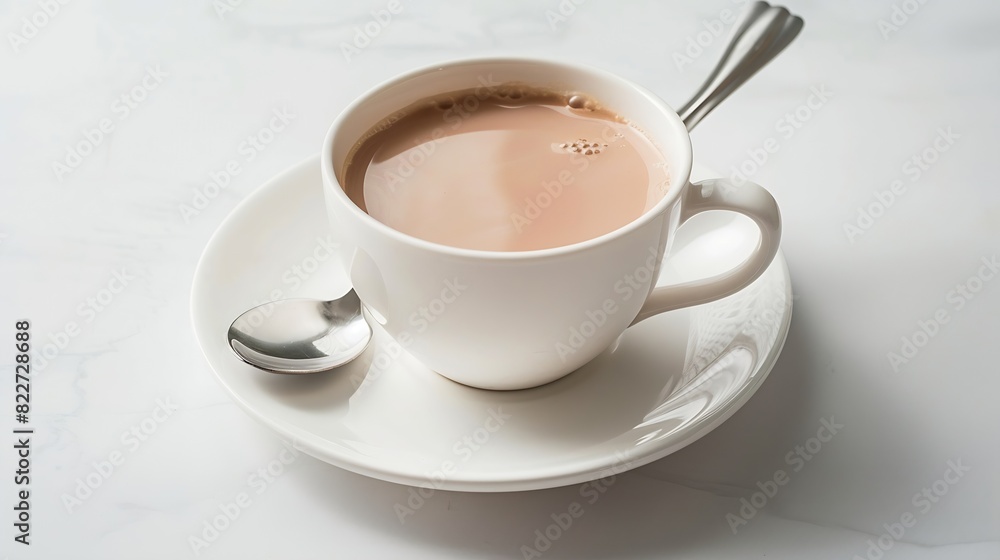 hot drink milk tea milo kopi coffee with milk in white cup and tea spoon and small plate in white background beverage halal drink food vegan menu for cafe : Generative AI hot drink milk tea milo kopi coffee with milk in white cup and tea spoon and small plate in white background beverage halal drink food vegan menu for cafe : Generative AI