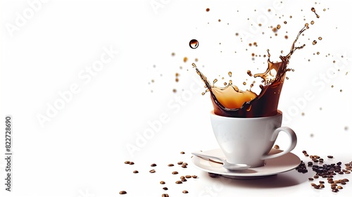 Cup of coffee with a splash drop fly with saucer and spoon isolated on white : Generative AI
