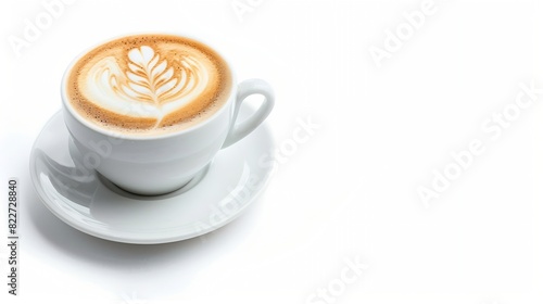 Close up shot of hot latte coffee with latte art in a ceramic white cup and saucer on white background with clipping path : Generative AI