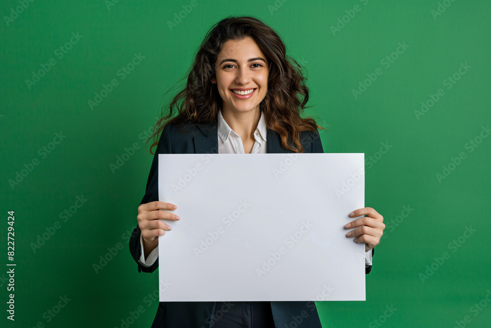 Smiling businesswoman holding a blank sign standing in green chroma background Smiling businesswoman holding a blank sign standing in green chroma background