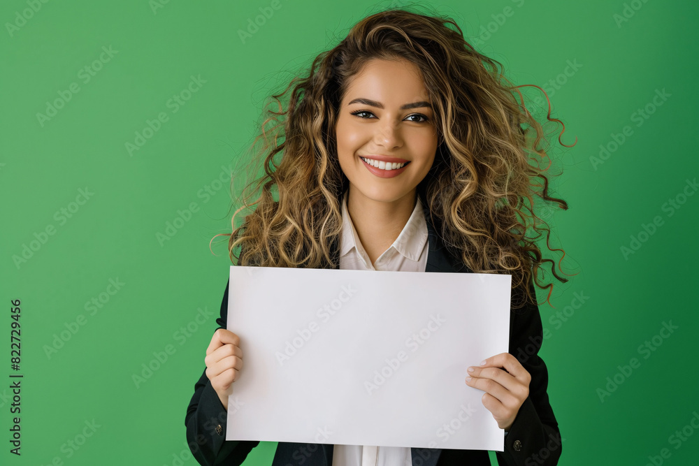 Smiling businesswoman holding a blank sign standing in green chroma background Smiling businesswoman holding a blank sign standing in green chroma background