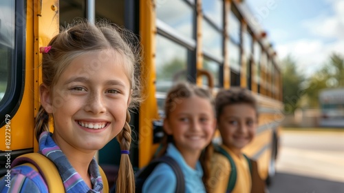 Back to school, Smiling little schoolgirl getting into the school-bus