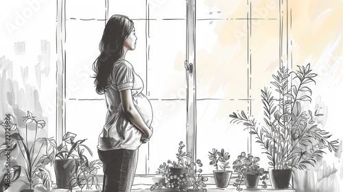 Pregnant young woman standing near window at home. Hand drawn style modern design illustrations.