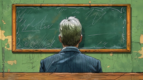 An illustrator in a suit draws something on a chalkboard in a hand drawn style. Modern illustration with hand drawn style.
