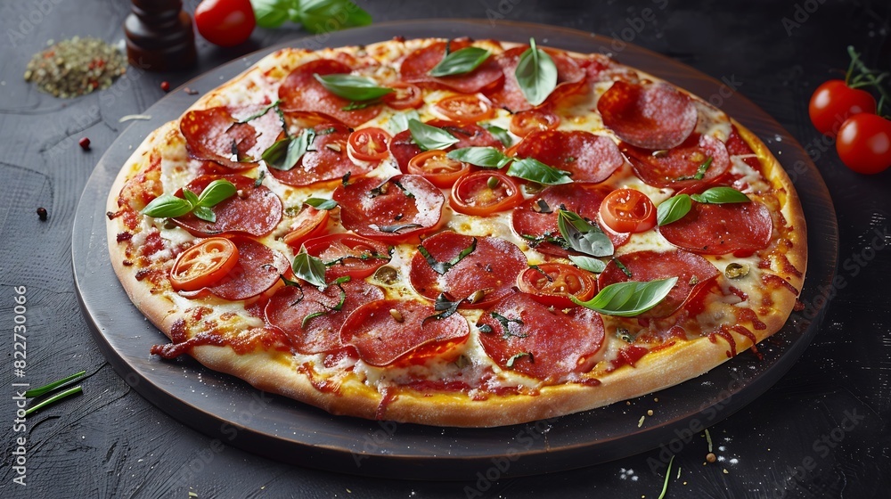 Pepperoni Pizza with Mozzarella cheese salami Tomatoes pepper Spices and Fresh Basil Italian pizza : Generative AI