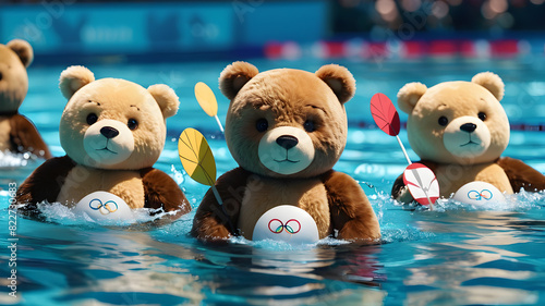 Teddy bears swimming the 400m butterfly event at the Olympics, Generative AI photo