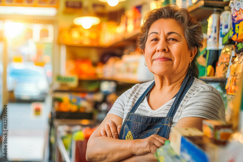 A passionate Hispanic small business owner, in her 50s, managing inventory in her store at sunrise. A passionate Hispanic small business owner, in her 50s, managing inventory in her store at sunrise.