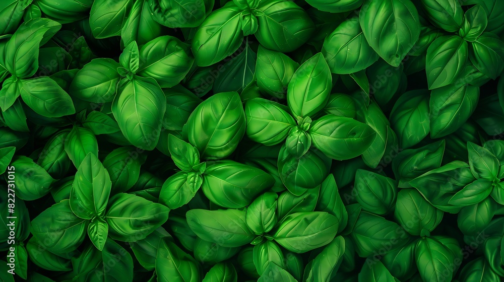 Close up full frame top view studio shot of fresh green basil he : Generative AI Close up full frame top view studio shot of fresh green basil he : Generative AI