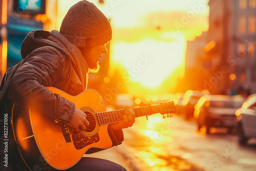 A passionate musician playing guitar on a city street at sunrise.