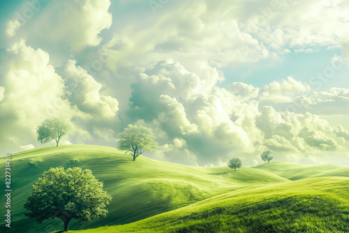 A surreal  dreamy landscape with rolling hills and fluffy clouds  A fantastical  ethereal scene with soft  rolling hills  whimsical trees  and a sky filled with puffy white clouds.