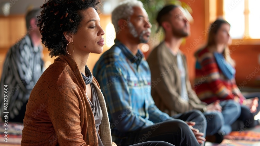 Fototapeta premium A group of individuals sitting in a meditation room participating in a mindful listening workshop.