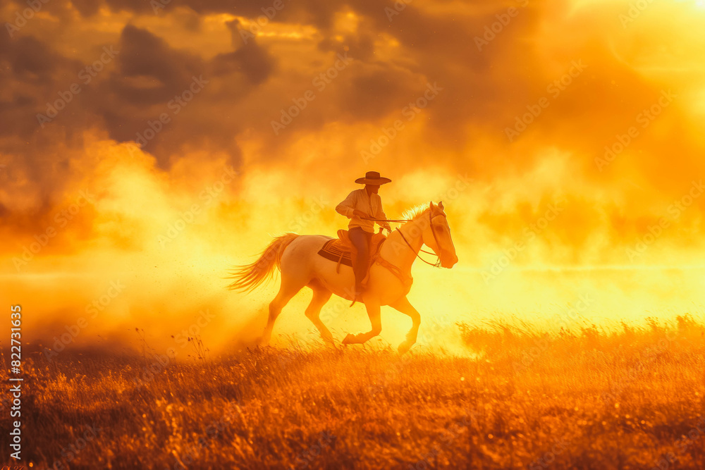 A White horseback rider races across a vast field bathed in golden light, kicking up dust in their wake as the sun sets. A White horseback rider races across a vast field bathed in golden light, kicking up dust in their wake as the sun sets.
