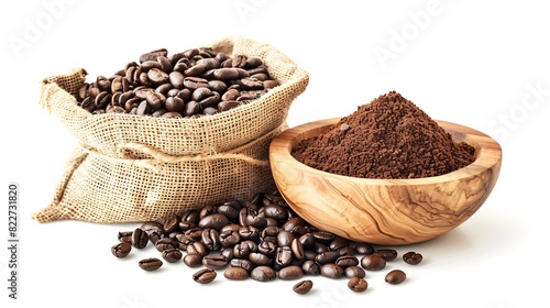 Roasted coffee beans in sack bag with coffe powder ground coffee in wooden bowl isolated on white background : Generative AI photo