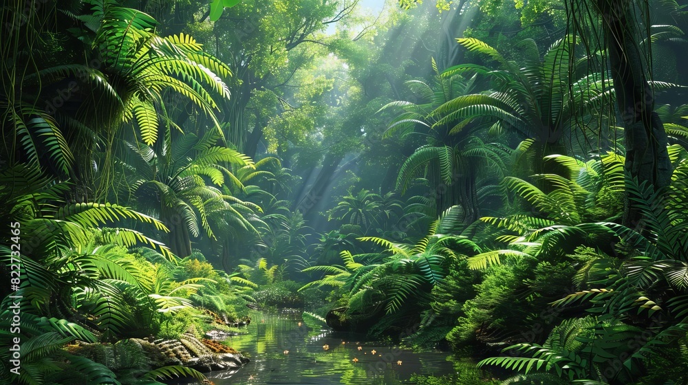 A dense jungle scene from the Mesozoic era with towering ferns and prehistoric plants, A dense jungle scene from the Mesozoic era with towering ferns and prehistoric plants,