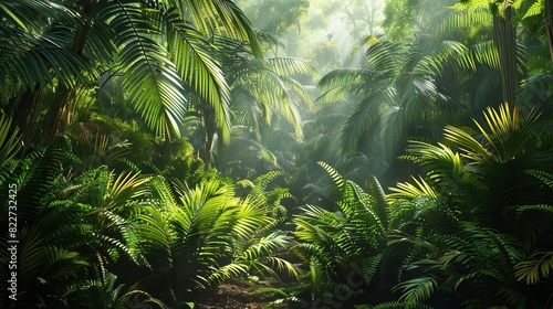 A dense jungle scene from the Mesozoic era with towering ferns and prehistoric plants,