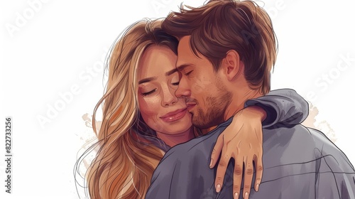 Hand drawn style modern illustration of a smiling woman hugging her husband.