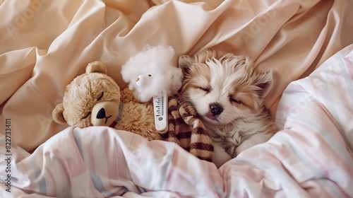 Sick kitten with thermometer and Bichon Frise puppy with with ice bag or ice pack on it head sleep with toy bear on a bed at home Top down view : Generative AI photo