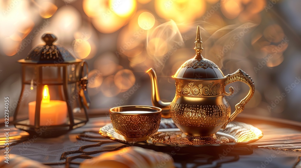 Fototapeta premium 3D render of an arabic coffee dallah placed on a lit background