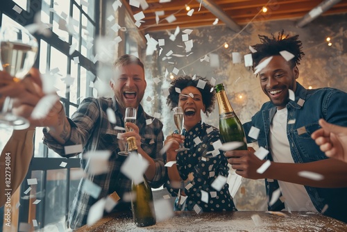 Joyful friends popping confetti and champagne