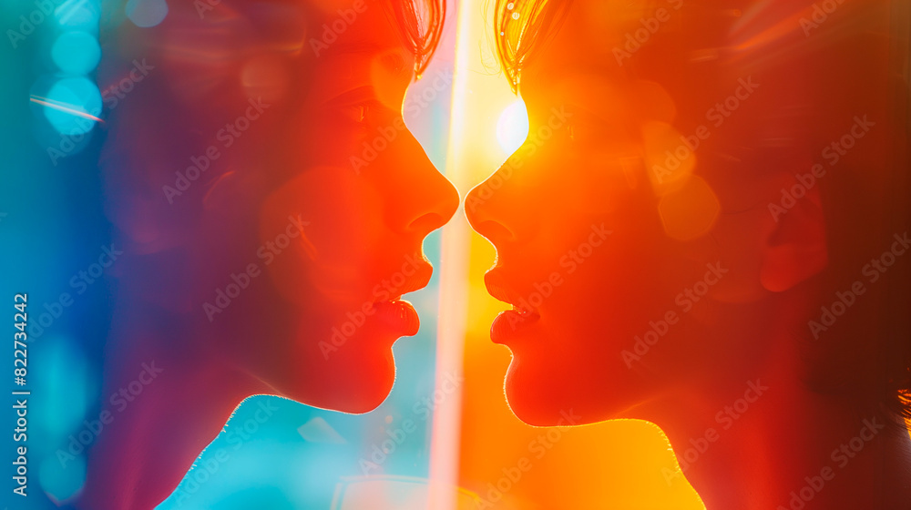 A woman with attitude looking at herself in a mirror reflecting gender identity, beauty of self discovery LGBTQ vibrant colorful