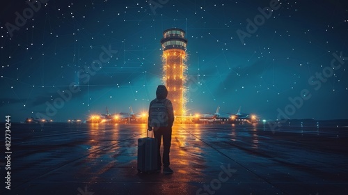Digital vector luggage at airport, airplane and control tower in background. photo