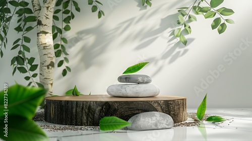 Wood podium with green leaves and natural stones Abstract podium for organic cosmetic products Natural stand for presentation and exhibitions Front view : Generative AI
