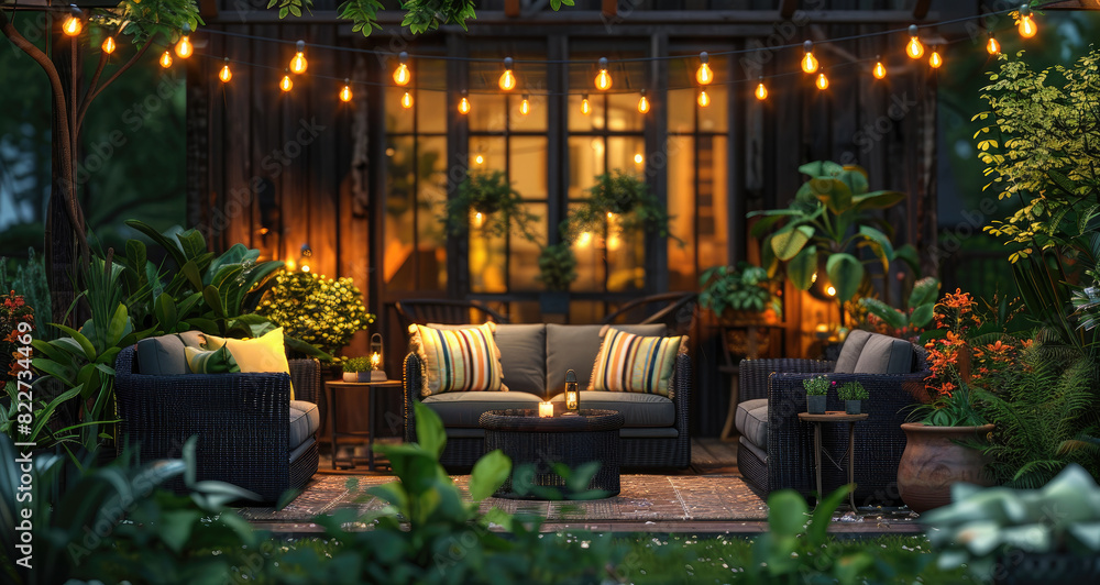 An outdoor patio scene featuring grey and white wicker furniture, black armchairs with striped cushions, large ceramic pots filled with plants, string lights hanging above the seating area An outdoor patio scene featuring grey and white wicker furniture, black armchairs with striped cushions, large ceramic pots filled with plants, string lights hanging above the seating area