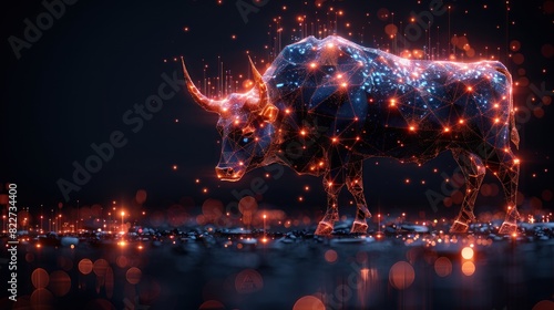 Japanese candlesticks and a Bull on dark background