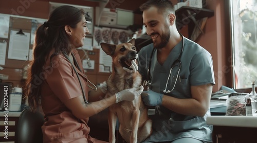 Hispanic young woman and man working as professional vets and treating a dog and a cat at the animal hospital : Generative AI