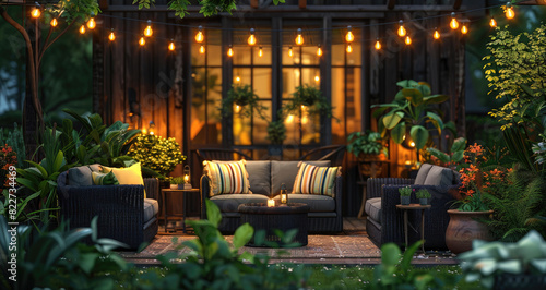 An outdoor patio scene featuring grey and white wicker furniture, black armchairs with striped cushions, large ceramic pots filled with plants, string lights hanging above the seating area