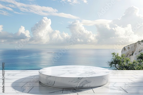 A large white marble round table is placed on a balcony overlooking the ocean. The view is serene and peaceful  with the water and sky creating a calming atmosphere