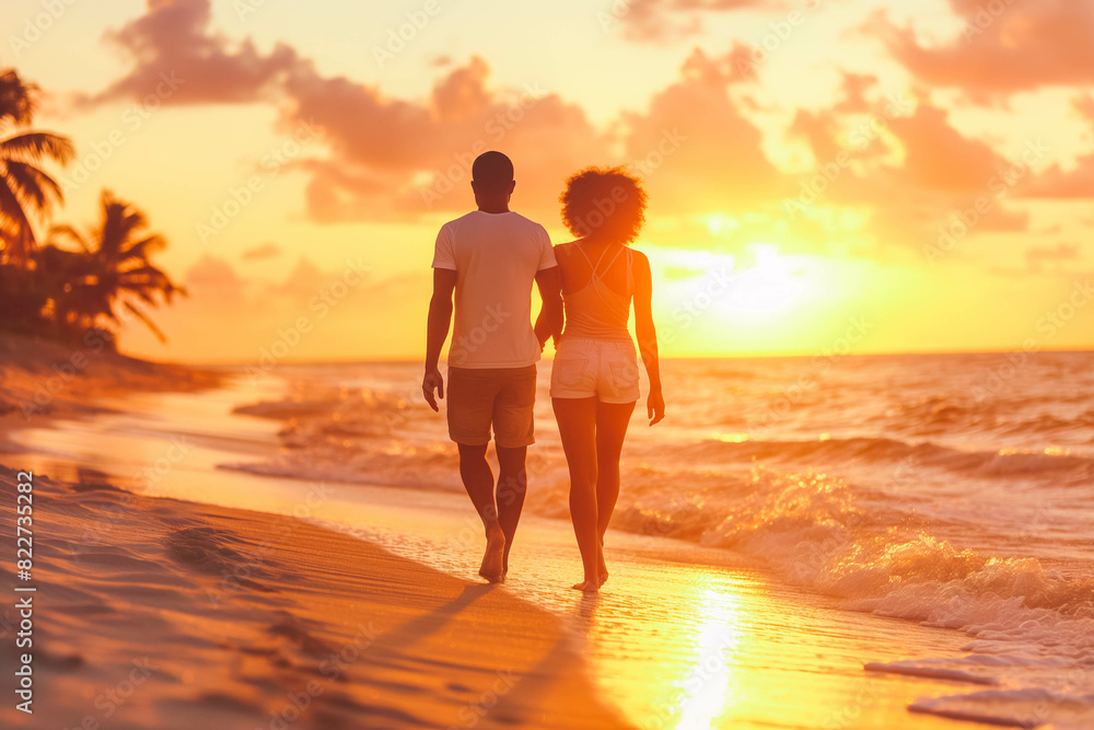 African American couple having a romantic evening walk on a beach at sunset. African American couple having a romantic evening walk on a beach at sunset.