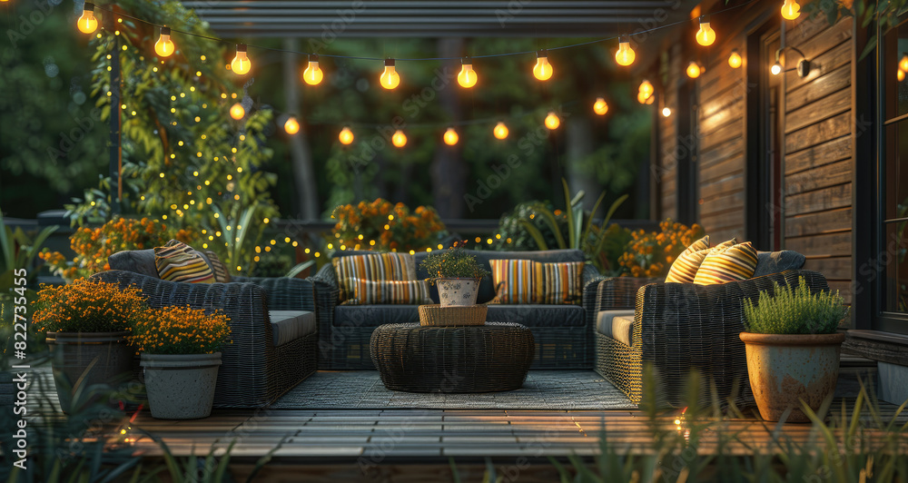 Fototapeta premium An outdoor patio scene featuring grey and white wicker furniture, black armchairs with striped cushions, large ceramic pots filled with plants, string lights hanging above the seating area