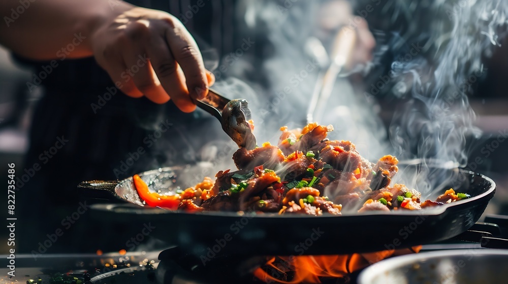 Fototapeta premium Closeup of chef putting fried meat on the plate with vegetables he cooking dish from chef : Generative AI