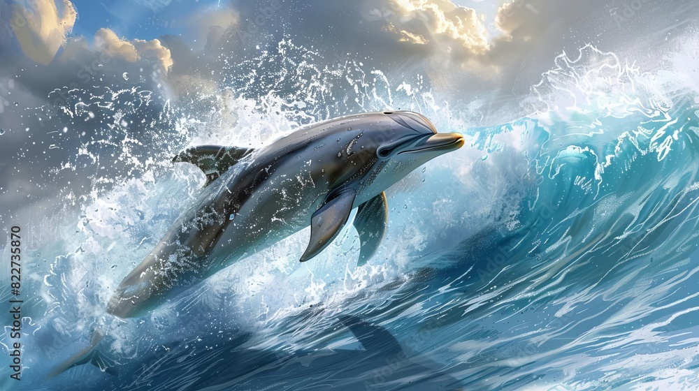 Fototapeta premium A dolphin leaping out of the water, with a wave crashing behind it