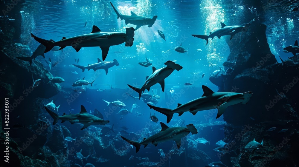 Obraz premium A group of hammerhead sharks swimming in the deep ocean, with their distinctive heads clearly visible