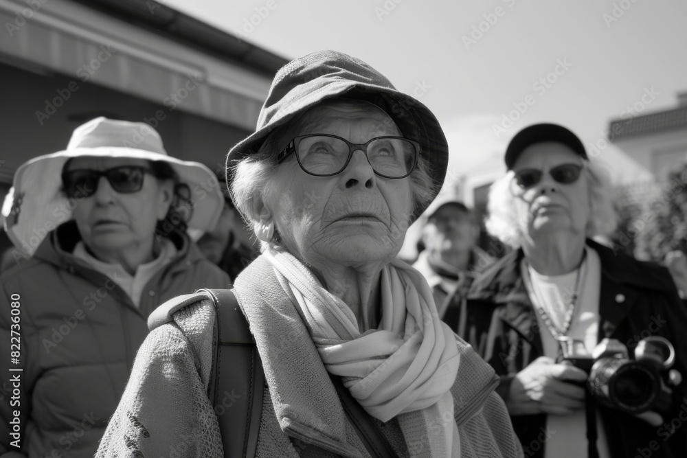 Black and white portrait of an elderly woman in a cap and glasses Black and white portrait of an elderly woman in a cap and glasses