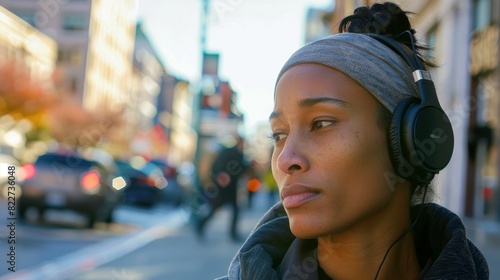 A person takes a midday walk around the block headphones in and a peaceful expression on their face. photo