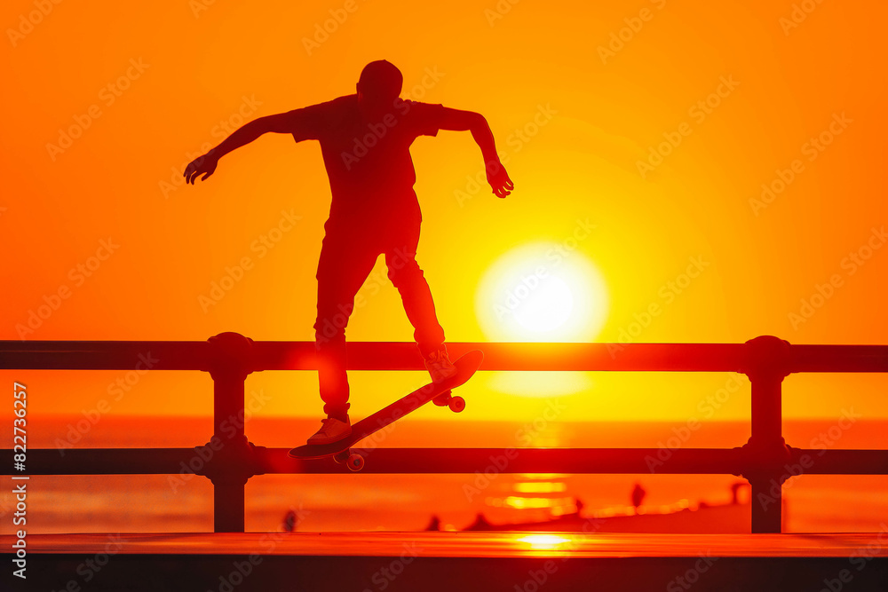 Obraz premium Afro-American man skateboarding along coastal boardwalk at sunset, silhouette against vibrant orange sky.