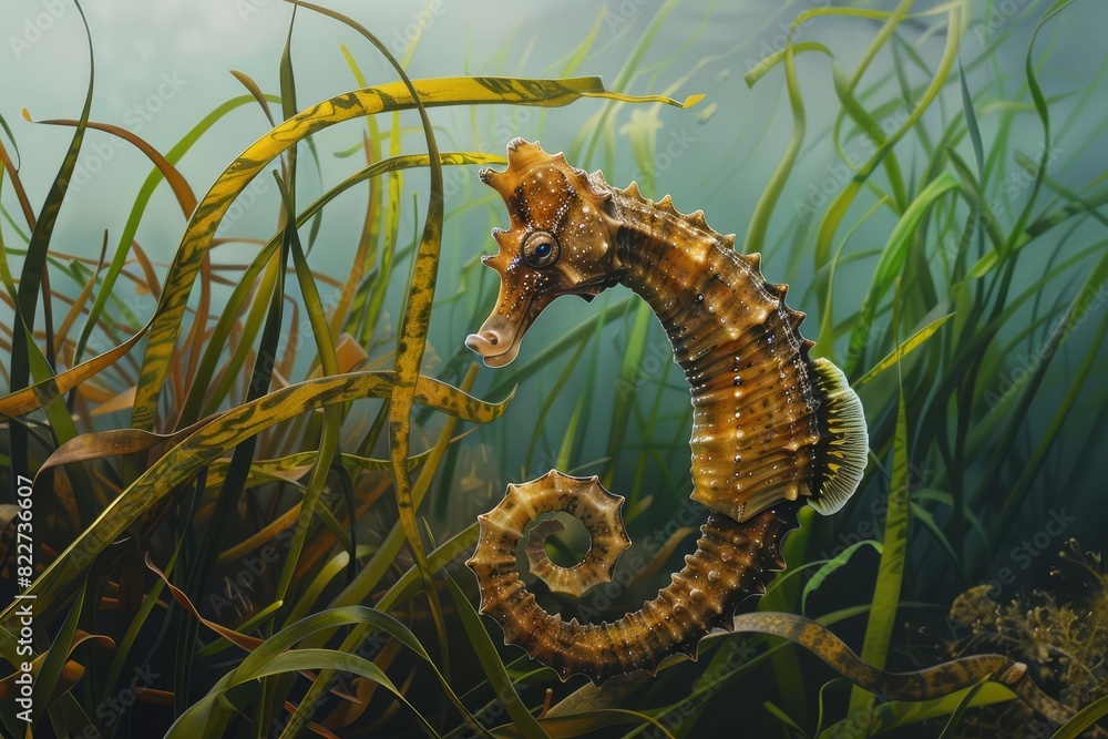 Fototapeta premium A seahorse swimming among seagrass, with its tail curled around a blade